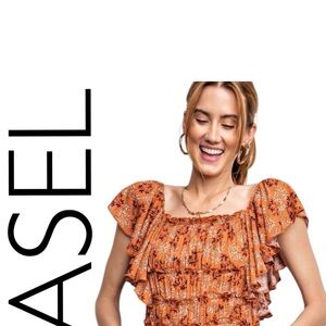 easel Orange Floral Smocked Ruffle Top
